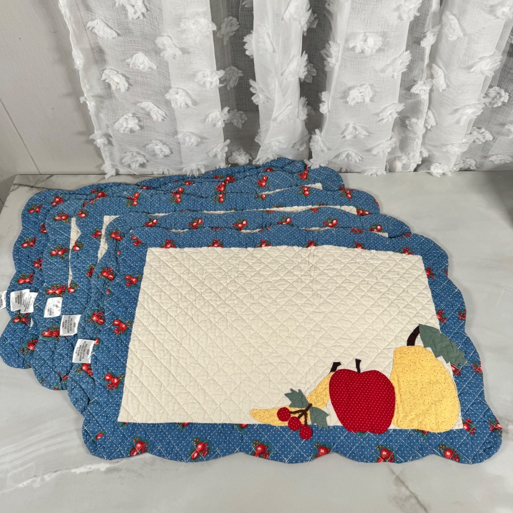 Set of 6 Vintage Quilted‎ Fruit Placemats Polka Dot Appliqué Apple Pear Cherry